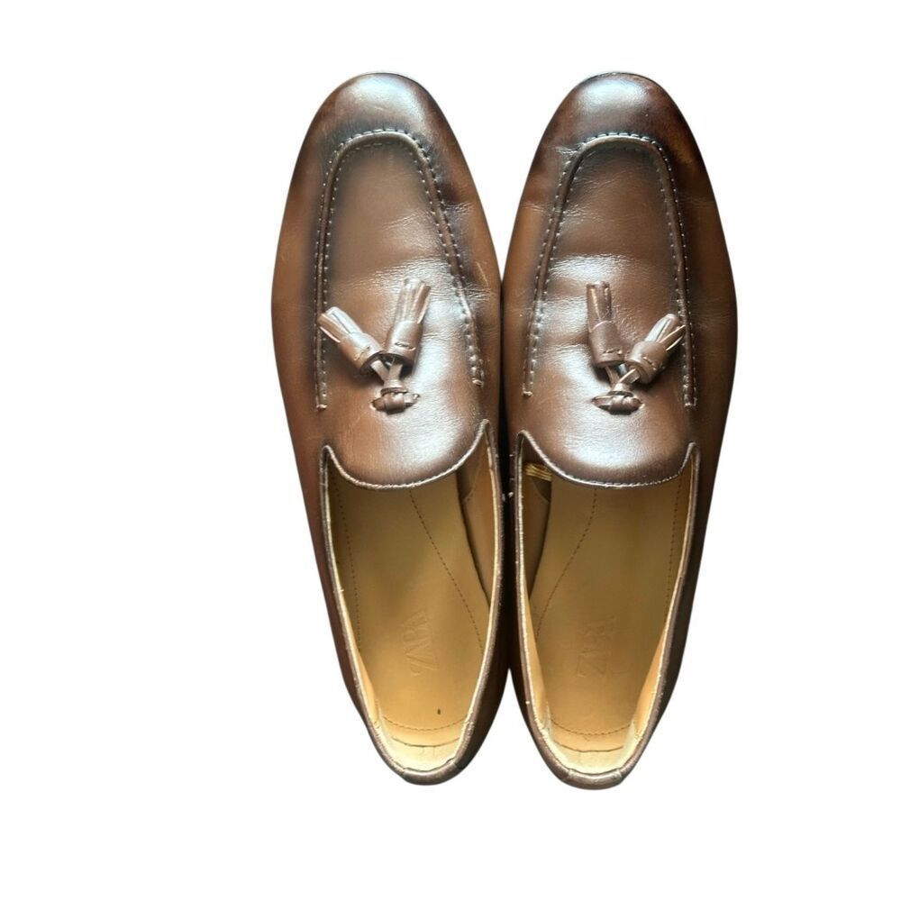 Zara Men’s Tassel Loafer Genuine Brown Leather Slip On Shoes Size 42 / 9